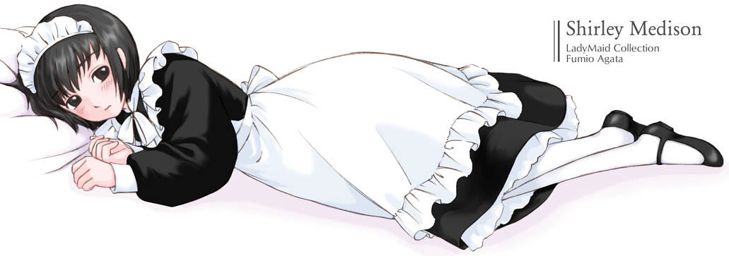 shirley medison, shirley (manga), 1girl, black eyes, black hair, bob cut, bonnet, character name, female focus, lying, maid, maid headdress, mary janes, pantyhose, shoes, short hair, solo