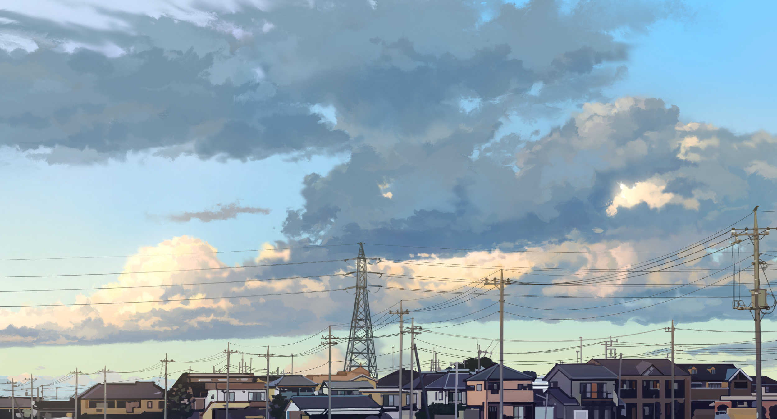 karasu (hageabura-jr), original, highres, painting (medium), traditional media, blue sky, building, cloud, cloudy sky, day, house, no humans, power lines, scenery, sky, town, transmission tower, utility pole