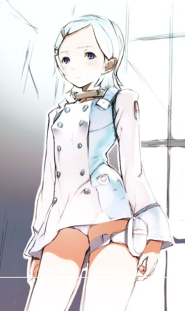 houden eizou, eureka (eureka seven), eureka seven, eureka seven (series), 00s, 1girl, aqua hair, expressionless, female focus, panties, pantyshot, purple eyes, solo, standing, thigh strap, underwear, upskirt, white panties