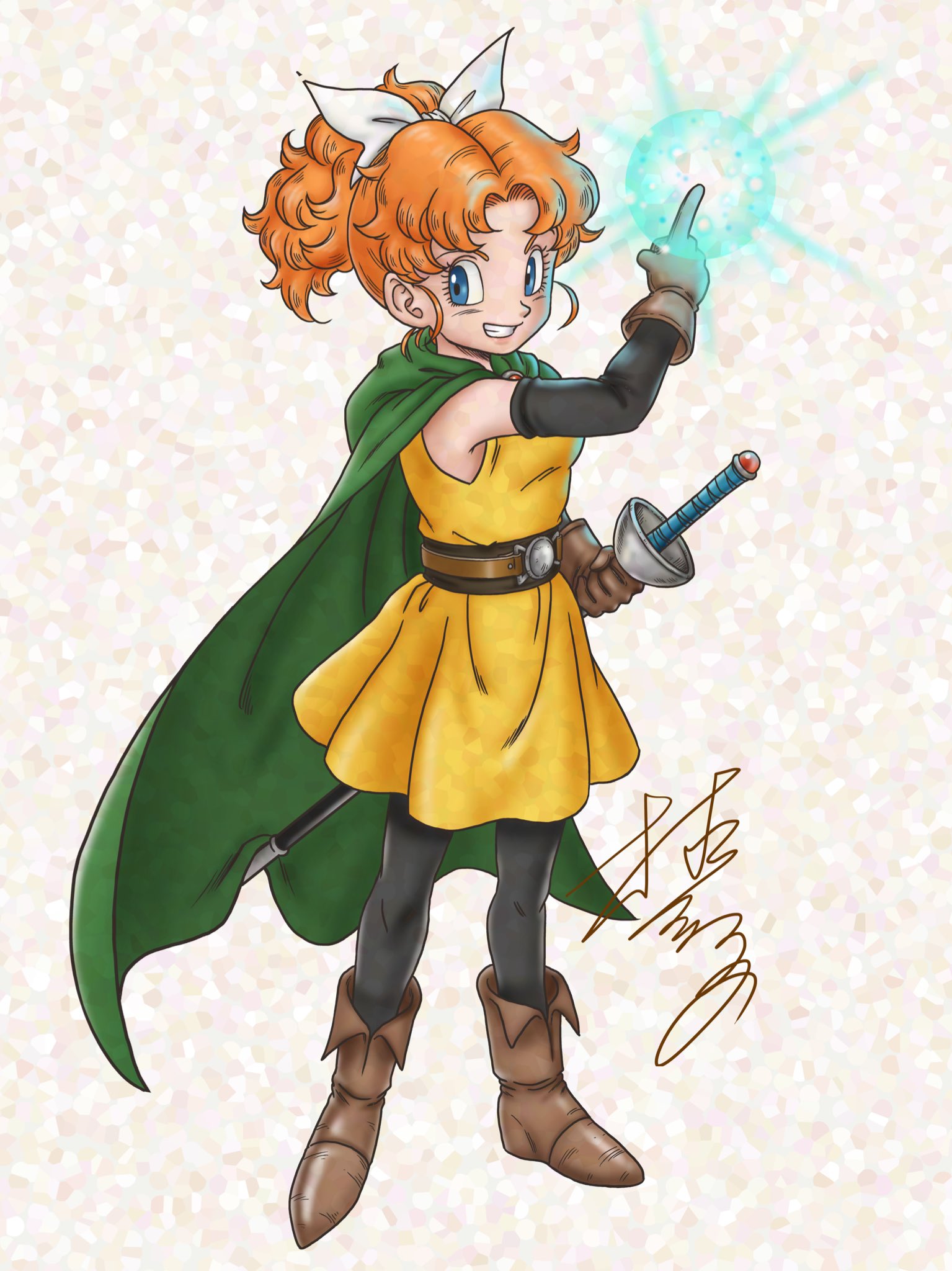 murakami yumiko, princess of samantoria, dragon quest, dragon quest ii, adversarial noise, commentary request, highres, 1girl, black pantyhose, black sleeves, blue eyes, bow, brown gloves, brown shoes, cape, casting spell, curly hair, detached sleeves, full body, gloves, green cape, grin, hair bow, holding, holding sword, holding weapon, index finger raised, looking to the side, orange hair, pantyhose, ponytail, sheath, sheathed, shoes, signature, smile, solo, sword, toriyama akira (style), tunic, weapon, white background, white bow, yellow tunic