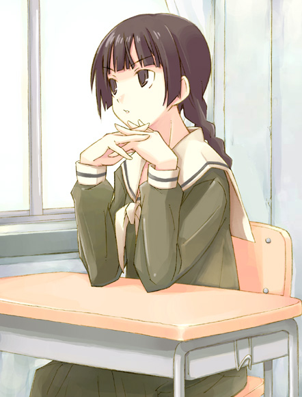 murata mine, shimazu yoshino, maria-sama ga miteru, 00s, 1girl, brown eyes, brown hair, chair, desk, female focus, interlocked fingers, long hair, on chair, school desk, school uniform, sitting, solo, window