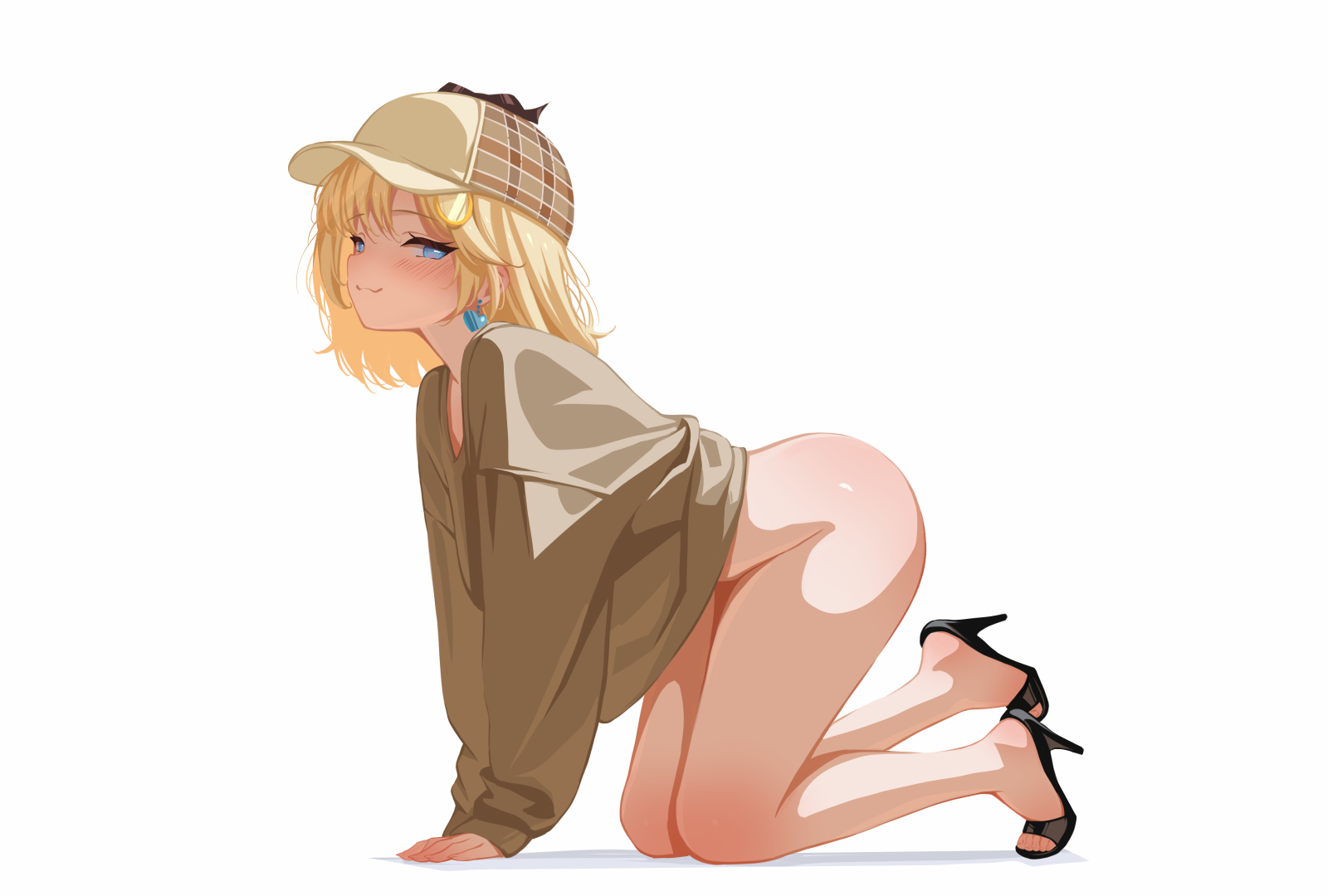 sansha art, watson amelia, hololive, hololive english, highres, :3, all fours, ass, blonde hair, blue eyes, blush, bottomless, deerstalker, earrings, hair ornament, hat, high heel slides, high heels, jewelry, looking at viewer, medium hair, monocle, oversized clothes, oversized shirt, shirt, simple background, sweater, thighs, toes, virtual youtuber, white background