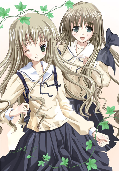 shirogane sara, shirogane souju, futakoi, 00s, 2girls, bow, green eyes, hair bow, multiple girls, one eye closed, pleated skirt, school uniform, serafuku, siblings, sisters, skirt, twins, wink