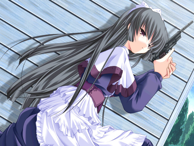 nimura yuuji, nogisaka kuon, clover (series), clover heart's, saiga (company), game cg, 1girl, black hair, bonnet, brown eyes, cocked hammer, combat maid, female focus, grey eyes, grey hair, gun, handgun, holding, holding gun, holding weapon, light smile, long hair, maid, maid headdress, pistol, solo, suppressor, trigger discipline, very long hair, weapon