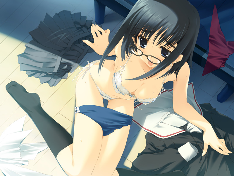 mitsumi misato, nakamura takeshi, kurihara touko, aruruw to asobo!!, tenshi no inai 12-gatsu, black legwear, game cg, 1girl, :o, arm support, black-framed eyewear, black hair, black serafuku, blue eyes, bow, bow bra, bra, breasts, buruma, buruma pull, covered erect nipples, double vertical stripe, dutch angle, frilled bra, frilled panties, frills, from above, glasses, grey skirt, gym uniform, indoors, kneehighs, knees together feet apart, lingerie, long hair, looking at viewer, lowleg, lowleg panties, medium breasts, on floor, open mouth, panties, pleated skirt, raised eyebrows, school uniform, serafuku, shade, shadow, side-tie panties, sideboob, sitting, skirt, socks, solo, sweat, table, tears, thigh gap, touko kurihara, underwear, undressing, unworn clothes, unworn shirt, unworn skirt, wariza, white bra, white panties, wooden floor