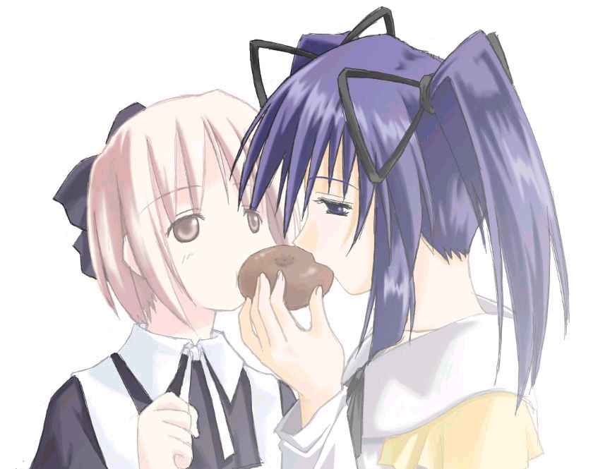 kimuraya anko, kuro (ukagaka), ukagaka, 2girls, blue hair, brown hair, eating, long hair, multiple girls, short hair, simple background, twintails, white background, yuri