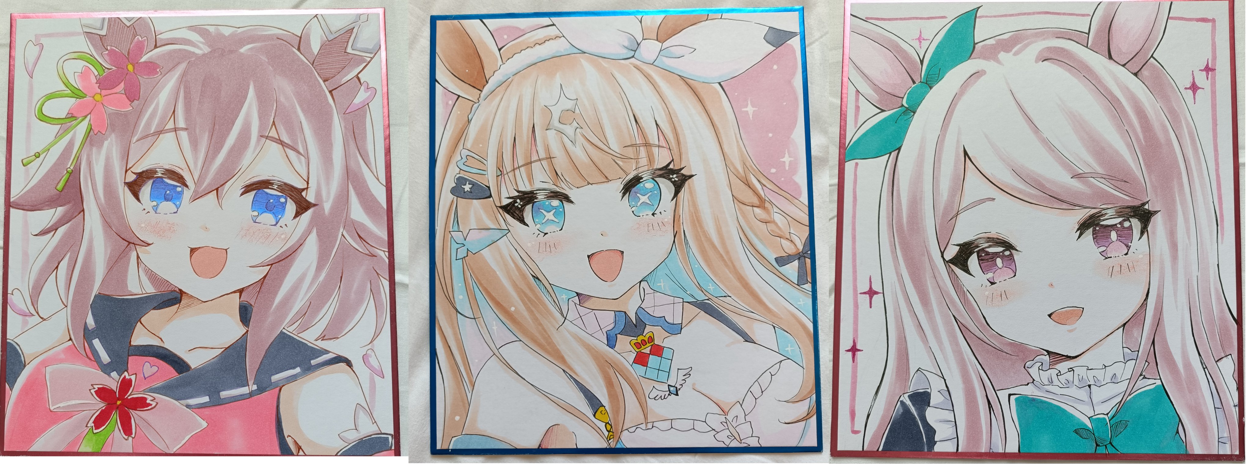 terimuku, almond eye (umamusume), mejiro mcqueen (umamusume), sakura chiyono o (umamusume), umamusume, absurdres, commentary request, highres, photo (medium), traditional media, 3girls, :d, animal ears, bare shoulders, black jacket, black sailor collar, blue bow, blue eyes, blue hair, blue ribbon, blush, bow, breasts, brown hair, cleavage, collarbone, ear ribbon, flower, hair between eyes, hair flower, hair ornament, horse ears, jacket, long hair, medium breasts, multicolored hair, multiple girls, open mouth, petals, pink flower, pink shirt, purple eyes, purple flower, purple hair, ribbon, ribbon trim, sailor collar, shikishi, shirt, sleeveless, sleeveless shirt, smile, swept bangs, two-tone hair, white ribbon