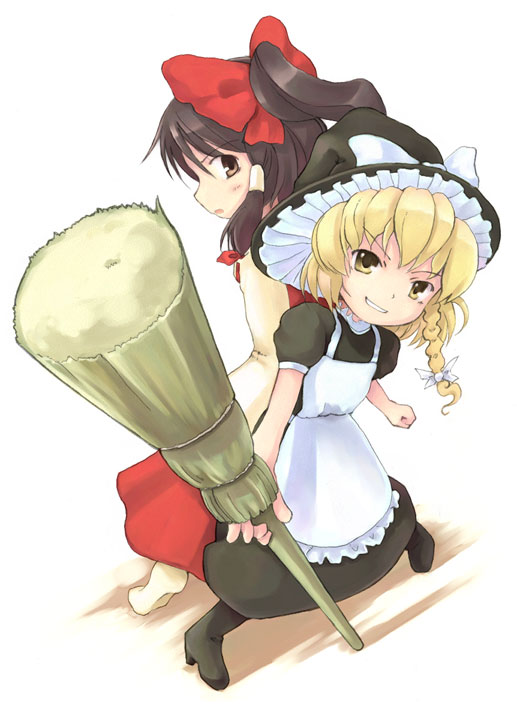 kito (sorahate), hakurei reimu, kirisame marisa, touhou, 2girls, back-to-back, blonde hair, bow, broom, brown eyes, brown hair, dress, female focus, foreshortening, hair bow, hair ribbon, half updo, hat, multiple girls, perspective, ribbon, short hair, tress ribbon, witch hat, yellow eyes