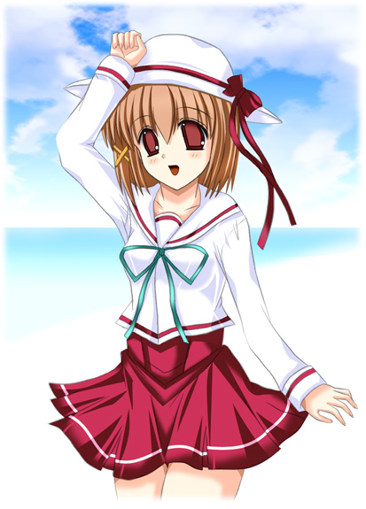 asellus (artist), tsubomi, konosaka kirino, gift (game), 00s, 1girl, bad anatomy, brown hair, female focus, hat, naishonotsubomi, poorly drawn, red eyes, ribbon, school uniform, short hair, solo