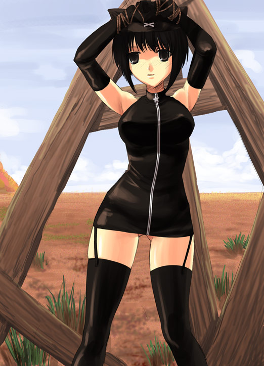 mk (mod0), player character (mabinogi), mabinogi, 1girl, animal ears, arms up, bare shoulders, bdsm, black eyes, black gloves, black hair, black thighhighs, bondage, bound, cat ears, cat girl, elbow gloves, female focus, garter belt, garter straps, gloves, leather, outdoors, rope, short hair, skin tight, sleeveless, sleeveless turtleneck, solo, thighhighs, turtleneck, zettai ryouiki, zipper
