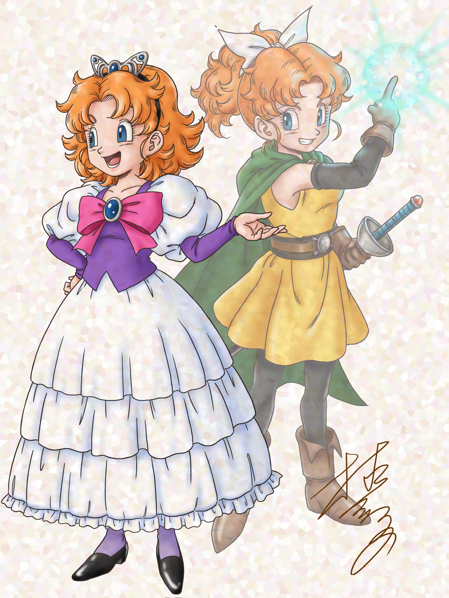 murakami yumiko, princess of samantoria, dragon quest, dragon quest ii, adversarial noise, commentary request, highres, 1girl, black pantyhose, black shoes, black sleeves, blue eyes, blue gemstone, bow, brown gloves, brown shoes, cape, casting spell, curly hair, detached sleeves, dress, dress bow, dual persona, frilled dress, frills, full body, gem, gloves, green cape, grin, hand on own hip, holding, holding sword, holding weapon, index finger raised, juliet sleeves, long sleeves, looking to the side, medium hair, multicolored dress, open mouth, orange hair, pantyhose, pink bow, ponytail, princess, puffy sleeves, purple dress, purple socks, shoes, signature, smile, socks, sword, tiara, toriyama akira (style), tunic, weapon, white background, white bow, white dress, yellow tunic