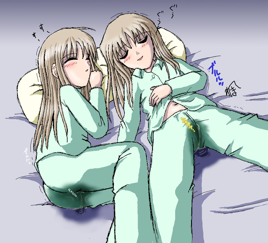 homare (suzu no oka), shirogane sara, shirogane souju, futakoi, 00s, 2girls, ass, bed, bedwetting, blonde hair, blush, closed eyes, green pants, green shirt, hand on own stomach, loli, long hair, long sleeves, lying, multiple girls, navel, oekaki, on bed, open mouth, pajamas, pants, pee, peeing, peeing self, peeing together, pillow, puddle, shirt, siblings, sisters, sleeping, smile, trembling, twins, wet pants