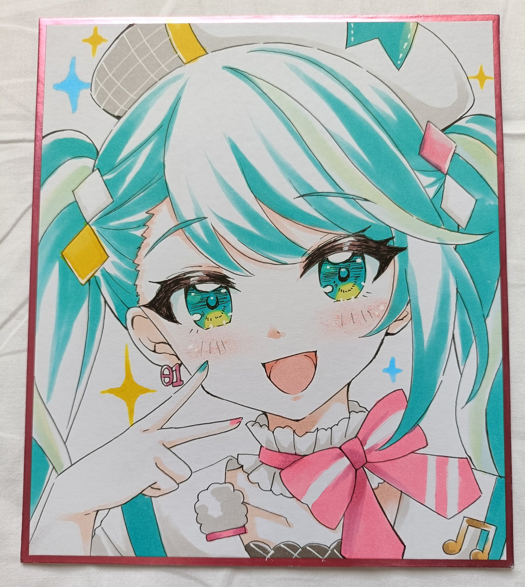 terimuku, hatsune miku, magical mirai miku, magical mirai miku (2024), magical mirai (vocaloid), vocaloid, commentary request, highres, photo (medium), traditional media, 1girl, :d, beret, bow, collarbone, green eyes, green hair, green nails, hand up, hat, long hair, looking at viewer, multicolored nails, nail polish, open mouth, pink bow, pink nails, shikishi, shirt, smile, solo, sparkle, twintails, upper body, v, white hat, white shirt