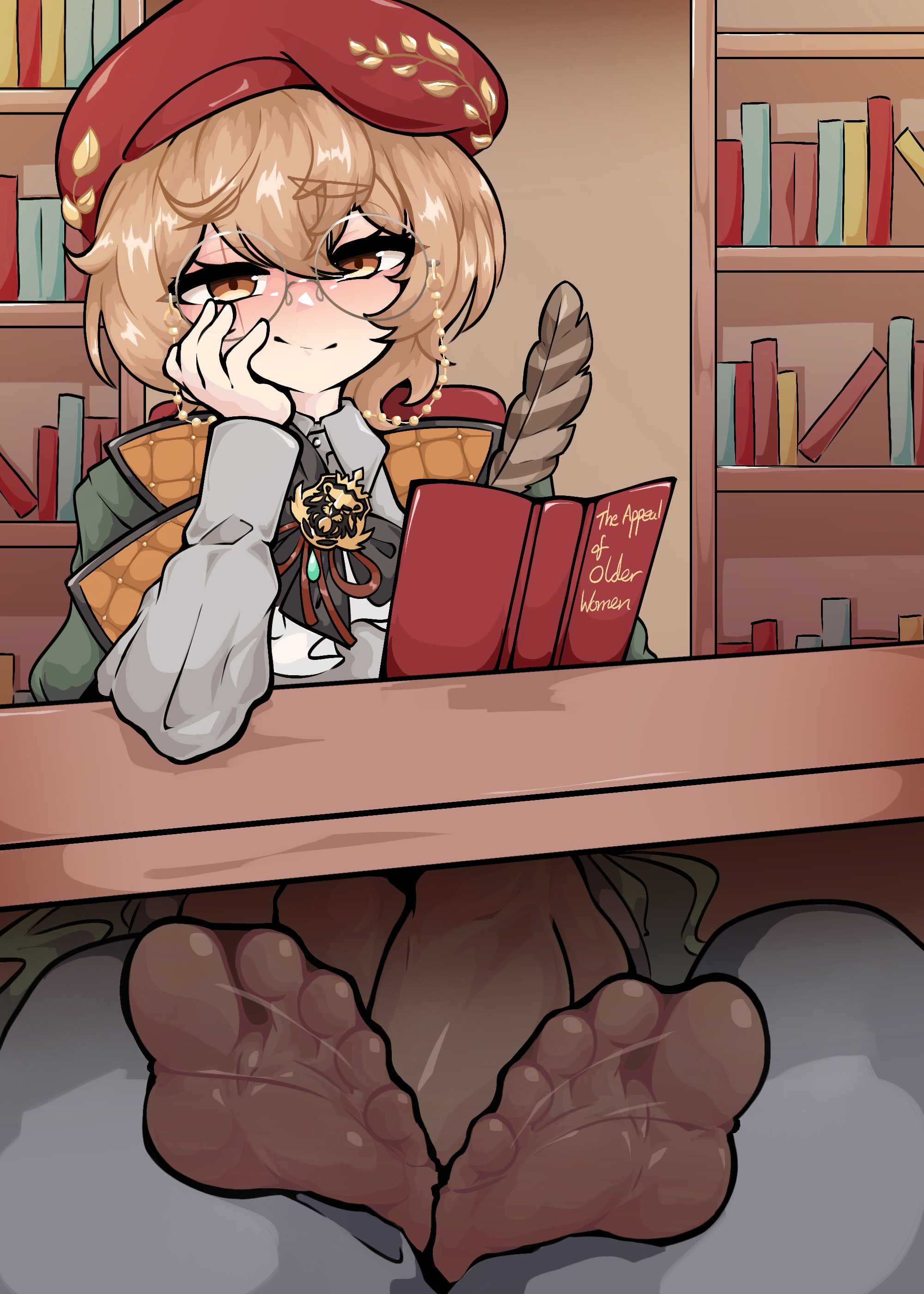 caloart30, clio aite, phase connect, absurdres, highres, 1girl, beret, book, brooch, brown eyes, brown hair, cape, glasses, hat, jewelry, pantyhose, pov, quill, scar, scar across eye, scar on face, short hair, sitting, smile, smug, soles, toes