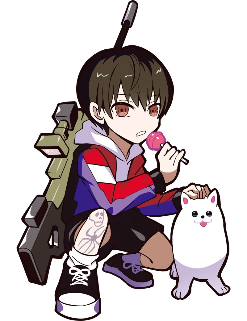puppeteer7777, converse, crazy raccoon, official art, second-party source, 1boy, anime coloring, ankle socks, black eyes, black shoes, black shorts, black sleeve cuffs, blue sleeves, brown eyes, brown hair, candy, closed mouth, colored inner animal ears, cowlick, facing viewer, food, full body, gun, hand on another's head, holding, holding candy, holding food, holding lollipop, hood, hood down, hoodie, jacket, leg tattoo, legs apart, lollipop, male focus, multicolored jacket, no nose, open clothes, open jacket, parted lips, petting, purple jacket, purple sleeves, red jacket, rifle, scope, shoes, shorts, shu (crazy racoon), skull tattoo, sleeve cuffs, sniper rifle, socks, spider tattoo, squatting, tachi-e, tattoo, teeth, thick lineart, tongue, tongue out, transparent background, two-tone jacket, two-tone sleeves, weapon, white dog, white fur, white hood, white hoodie, white socks
