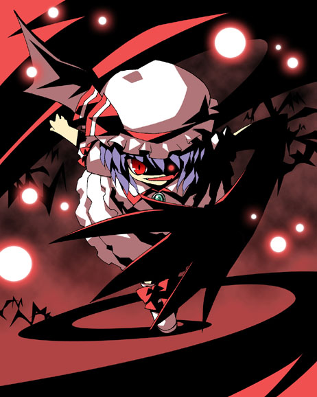 petenshi (dr. vermilion), remilia scarlet, touhou, 1girl, bat wings, blue hair, female focus, glowing, glowing eye, hat, mob cap, red eyes, short hair, solo, wings