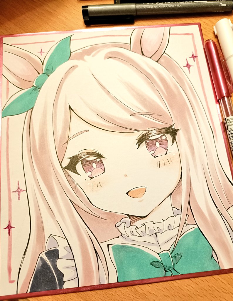 terimuku, mejiro mcqueen (umamusume), umamusume, commentary request, photo (medium), traditional media, 1girl, :d, animal ears, black jacket, blue bow, blue ribbon, blush, bow, ear ribbon, horse ears, jacket, looking at viewer, open mouth, purple eyes, purple hair, ribbon, shikishi, smile, solo, sparkle, swept bangs