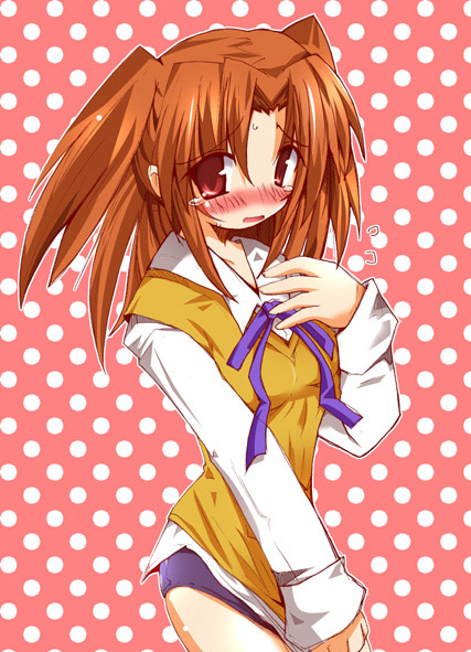 shirogane (platinum), yumizuka satsuki, melty blood, tsukihime, type-moon, 00s, 1girl, blush, buruma, cowboy shot, female focus, open mouth, orange hair, polka dot, polka dot background, purple buruma, red background, red eyes, school uniform, serafuku, solo, tears
