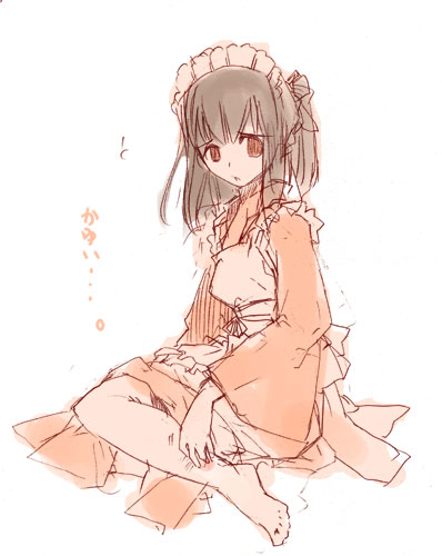 momiji mao, original, lowres, translated, 1girl, barefoot, bonnet, female focus, headdress, japanese clothes, maid, monochrome, short hair, sitting, sketch, solo, wa maid