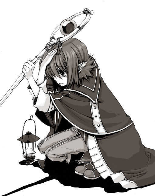 yuuryuu nagare, original, 1girl, female focus, greyscale, lantern, monochrome, pointy ears, shadow, short hair, simple background, solo, squatting, staff
