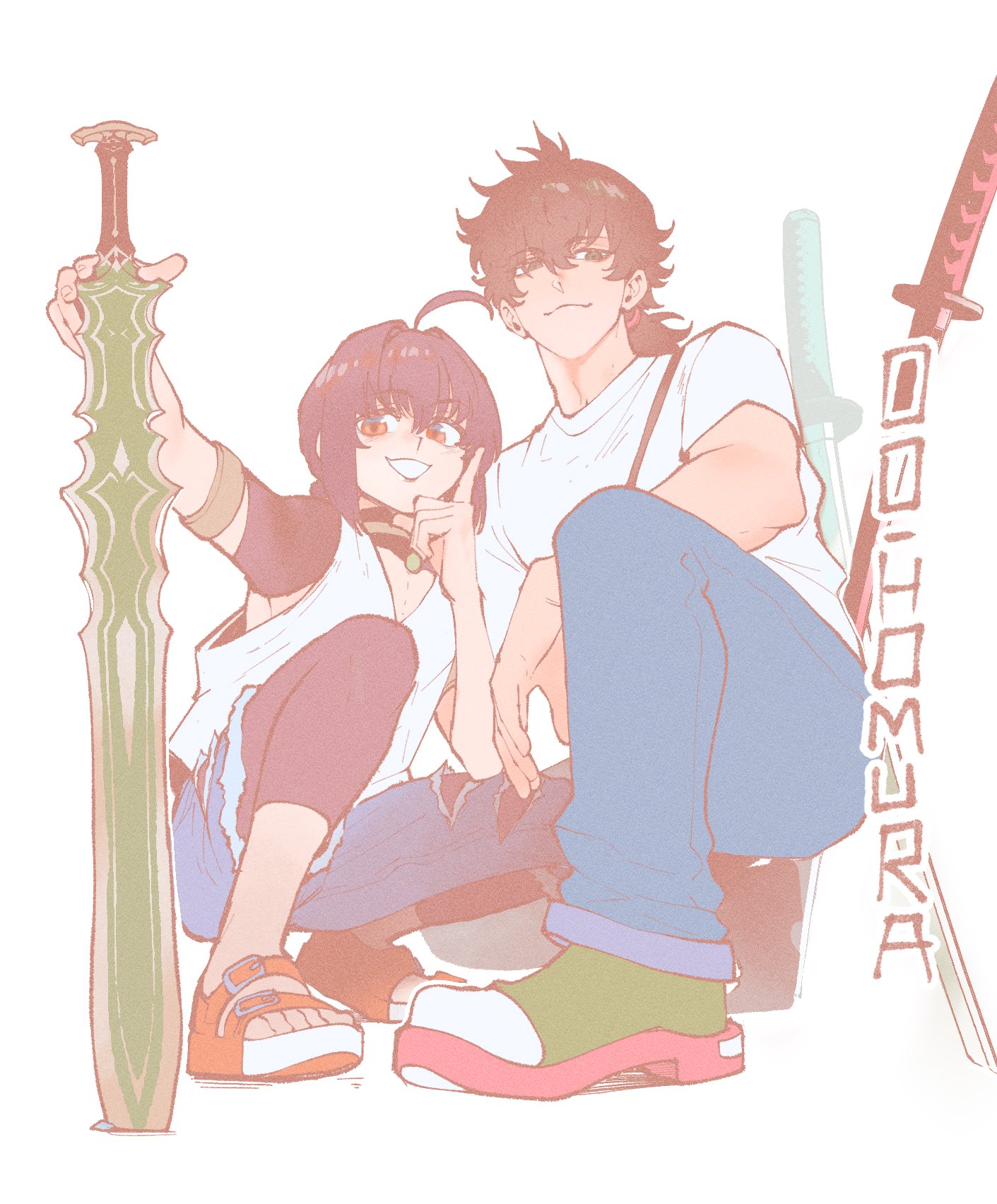 nyantcha, miyamoto iori (fate), yamato takeru (fate), fate/samurai remnant, fate (series), highres, 1boy, 1other, amenomurakumo-no-tsurugi (fate), armlet, black hair, brown hair, denim, jeans, jewelry, katana, orange eyes, pants, ponytail, shirt, simple background, smile, squatting, sword, torn clothes, torn jeans, torn pants, weapon, white background, white shirt