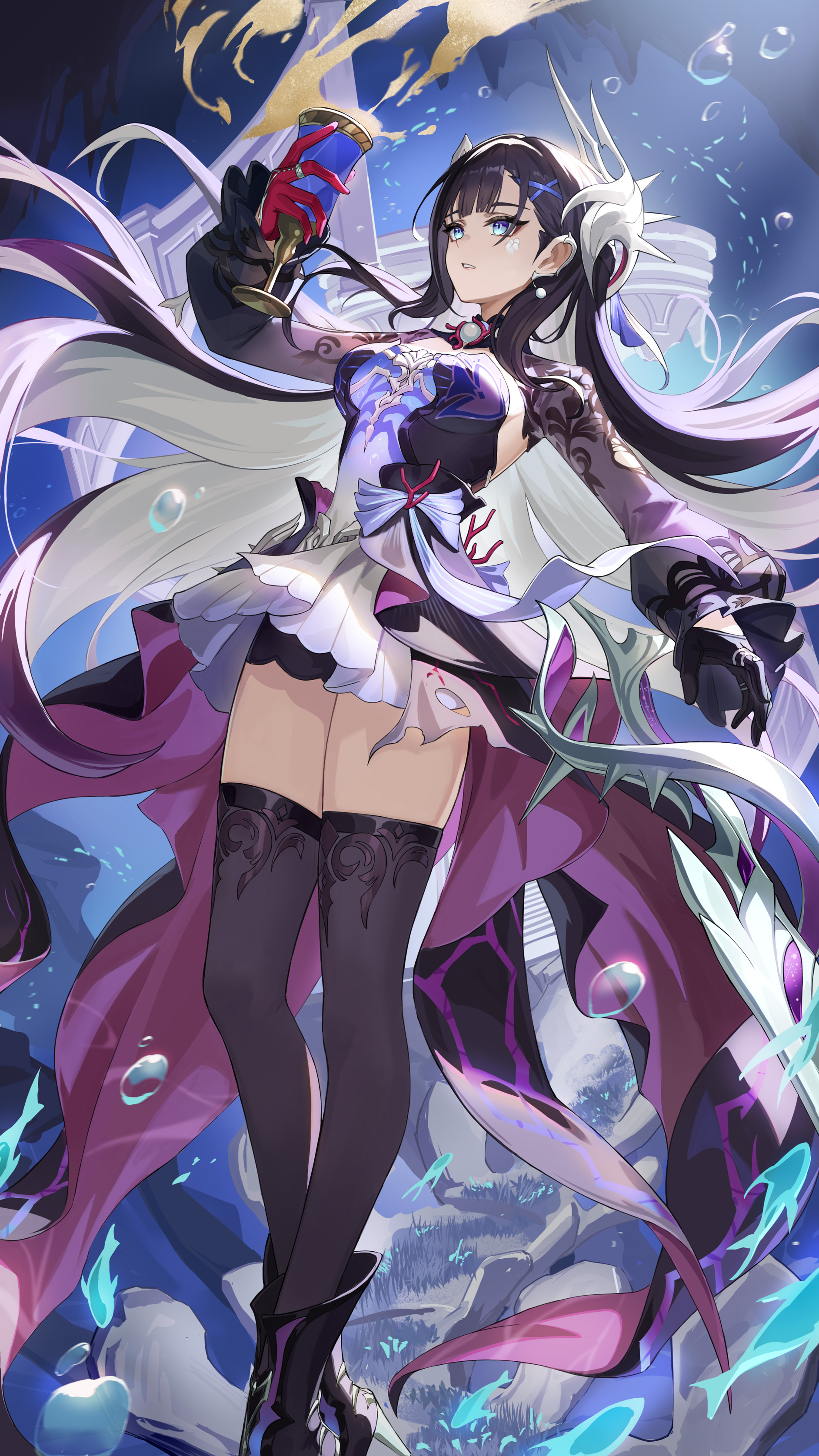 rx-c, hysilens (honkai: star rail), honkai: star rail, honkai (series), absurdres, chinese commentary, commentary request, highres, 1girl, asymmetrical gloves, black boots, black gloves, black shorts, black shrug, black thighhighs, blue eyes, boots, breasts, bubble, chalice, cup, dress, earclip, fish, gloves, hair ornament, half gloves, hand up, high heel boots, high heels, holding, holding cup, long sleeves, medium breasts, mismatched gloves, parted lips, purple dress, red gloves, scales, see-through body, shorts, shrug (clothing), solo, thighhighs, thighs