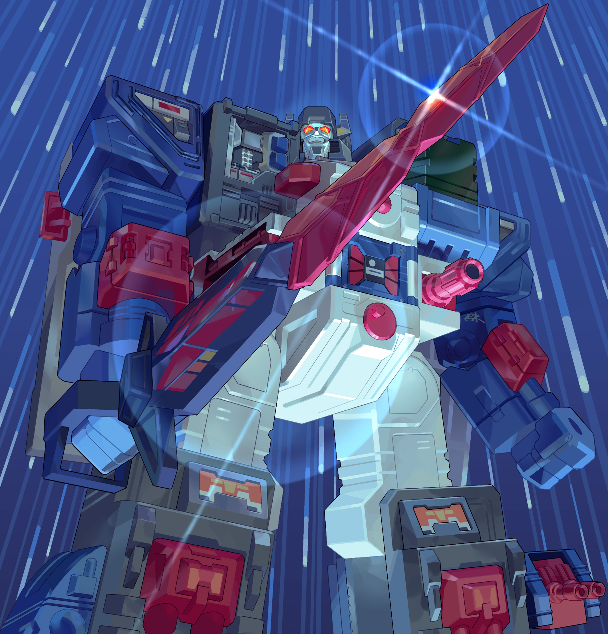 inaki shinrou, transformers, character request, commentary, highres, autobot, from below, holding, holding sword, holding weapon, no humans, orange eyes, robot, solo, sword, teeth, weapon