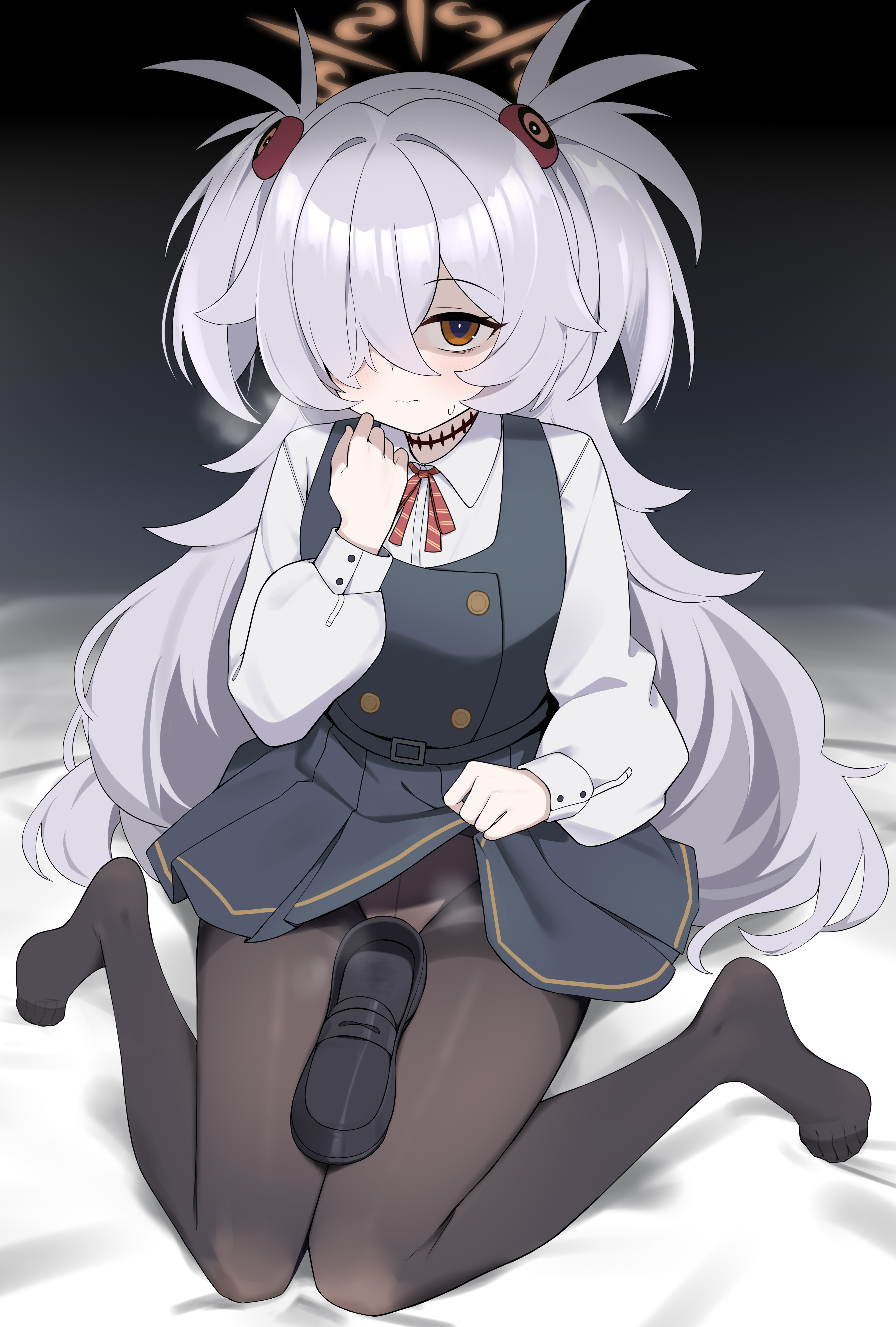 fengqun, kanoe (blue archive), blue archive, absurdres, highres, 1girl, black dress, black pantyhose, black shoes, breath, clothes lift, collared shirt, crotch seam, dress, grey hair, hair over one eye, lifting own clothes, long hair, neck ribbon, orange eyes, panties, panties under pantyhose, pantyhose, red ribbon, ribbon, scar, scar on neck, shirt, shoes, skirt, skirt lift, solo, sweatdrop, two side up, underwear, unworn shoes, white shirt