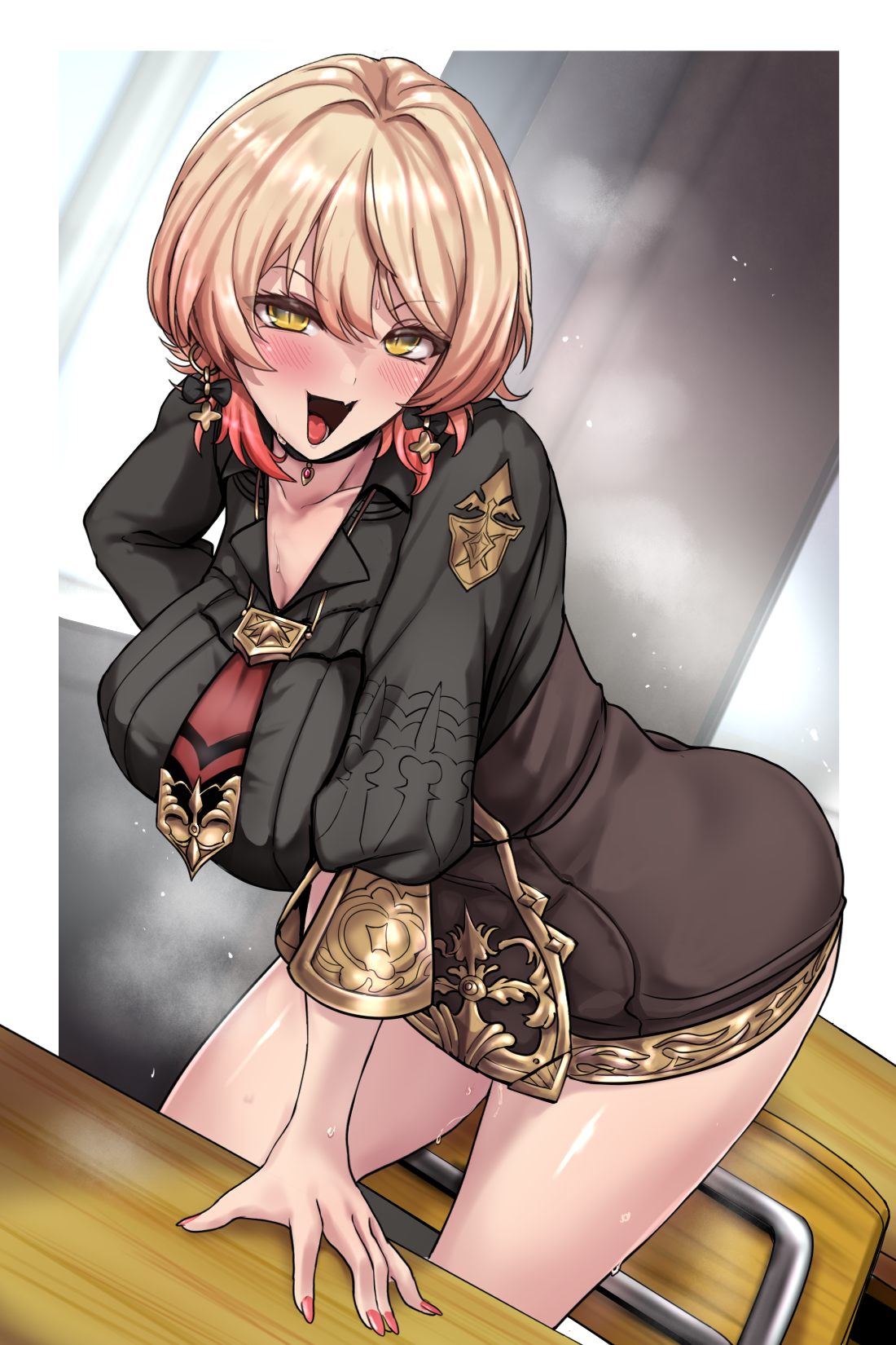 yaruku, nui sociere, nijisanji, commentary request, highres, large variant set, variant set, 1girl, :d, bent over, black bow, black shirt, black skirt, blonde hair, bow, bow earrings, breasts, collarbone, earrings, gradient hair, hand on own hip, jewelry, large breasts, long sleeves, multicolored hair, open mouth, pencil skirt, shirt, skirt, smile, solo, standing, star (symbol), star earrings, steaming body, teeth, thighs, tongue, upper teeth only, virtual youtuber