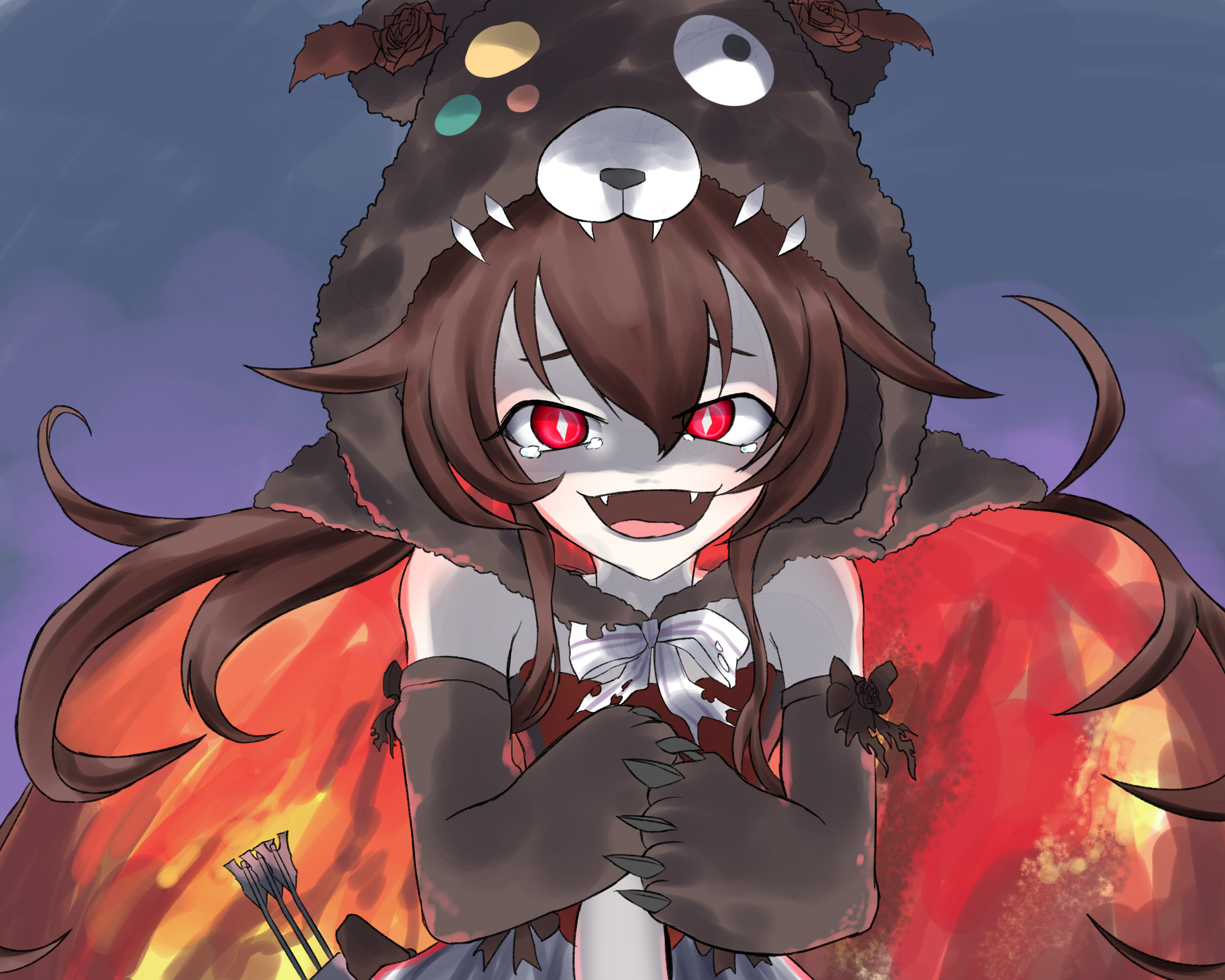 shadow red rose (grimms notes), grimms notes, 1girl, brown hair, colored inner hair, looking at viewer, multicolored hair, red hair, solo, tsujimura48k