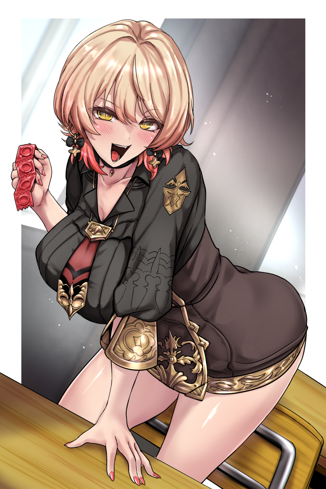 yaruku, nui sociere, nui sociere (10th costume), nijisanji, commentary request, highres, large variant set, variant set, 1girl, :d, bent over, black bow, black shirt, black skirt, blonde hair, bow, bow earrings, breasts, collarbone, condom, condom wrapper, earrings, gradient hair, hand up, holding, holding condom, jewelry, large breasts, long sleeves, multicolored hair, open mouth, pencil skirt, shirt, skirt, smile, solo, standing, star (symbol), star earrings, teeth, thighs, tongue, upper teeth only, virtual youtuber