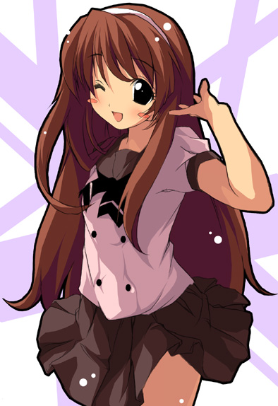 kantoku, yorutsuki, yorutsuki (nishio ishin), kimi to boku no kowareta sekai, 1girl, arm behind back, black eyes, blush stickers, brown hair, cowboy shot, female focus, long hair, one eye closed, pleated skirt, school uniform, serafuku, skirt, solo, very long hair, wink