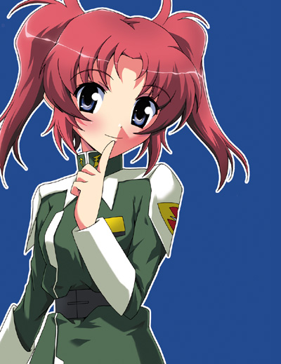 nippori, meyrin hawke, gundam, gundam seed, gundam seed destiny, uniform, 00s, 1girl, blue background, blush, female focus, finger to mouth, grey eyes, red hair, short hair, smile, solo, twintails