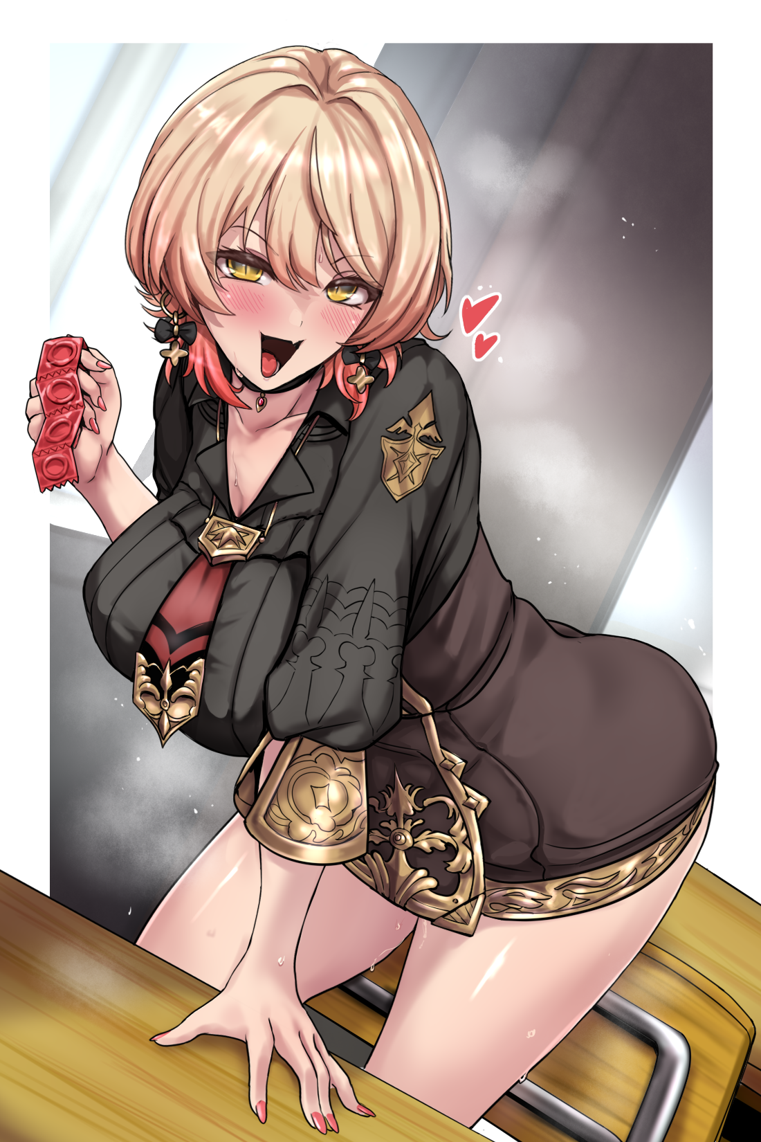 yaruku, nui sociere, nui sociere (10th costume), nijisanji, commentary request, highres, large variant set, variant set, 1girl, :d, bent over, black bow, black shirt, black skirt, blonde hair, bow, bow earrings, breasts, collarbone, condom, condom wrapper, earrings, gradient hair, hand up, heart, holding, holding condom, jewelry, large breasts, long sleeves, multicolored hair, open mouth, pencil skirt, shirt, skirt, smile, solo, standing, star (symbol), star earrings, steaming body, teeth, thighs, tongue, upper teeth only, virtual youtuber