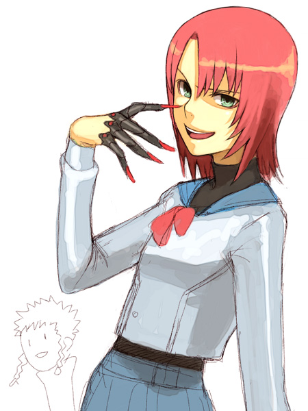 yu 65026, minagi mikoto, yuuki nao, my-hime, 00s, 2girls, braid, claws, green eyes, multiple girls, red hair, school uniform, serafuku, short hair, sketch, skirt, turtleneck, twin braids