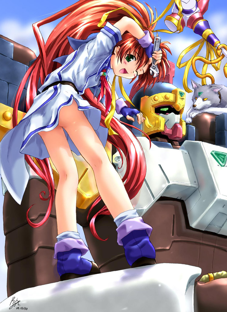 nanoca flanka, stuka, tenzan, aoi sora no neosphere, uniform, 1girl, arm up, ascot, ass, boots, dated, female focus, fingerless gloves, from below, gloves, kneepits, long hair, looking at viewer, looking back, mecha, one eye closed, open mouth, ponytail, red ascot, red hair, robot, signature, skirt, smile, socks, solo, standing, sweat, upskirt, very long hair, wink, wolf, wrench