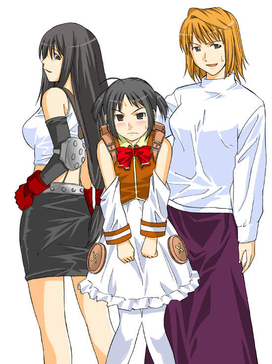 toshibou (satsukisou), arcueid brunestud, kasukabe saki, nijihara ink, ogiue chika, oono kanako, tifa lockhart, final fantasy, final fantasy vii, genshiken, moetan, tsukihime, 3girls, ahoge, arcueid brunestud (cosplay), backpack, bag, black hair, black skirt, blonde hair, blush, buttons, cosplay, crossover, detached sleeves, elbow pads, large buttons, long hair, long skirt, long sleeves, multiple crossover, multiple girls, nijihara ink (cosplay), orange hair, otaku, pantyhose, parody, pencil skirt, purple skirt, randoseru, short hair, simple background, skirt, sweatdrop, sweater, tifa lockhart (cosplay), white background