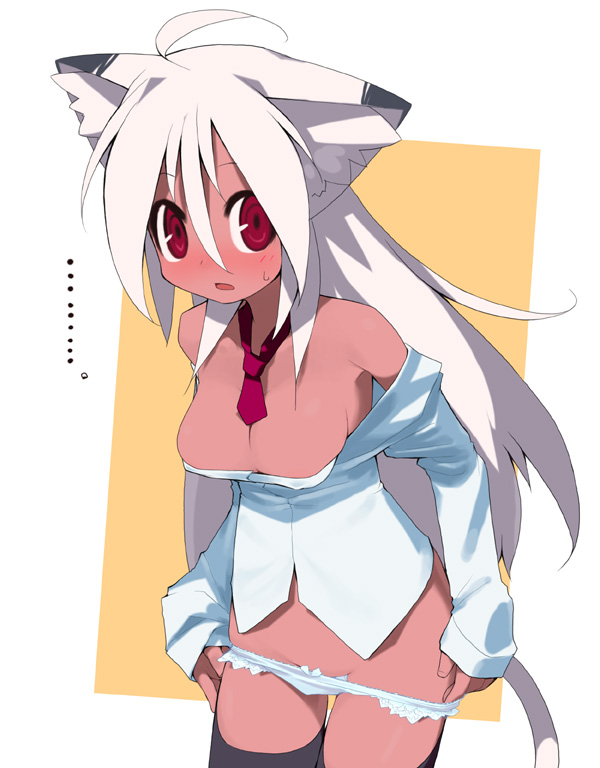 kusaka kokage, kokage-san, original, 1girl, ahoge, animal ears, bare shoulders, black thighhighs, bow, bow panties, breasts, cat ears, cat girl, cat tail, cleavage, dark-skinned female, dark skin, female focus, frilled panties, frills, lace, lace-trimmed panties, lace trim, long hair, looking at viewer, medium breasts, necktie, no pants, off shoulder, open mouth, panties, panty pull, red eyes, red necktie, solo, tail, thigh gap, thighhighs, thighs, underwear, white hair, white panties
