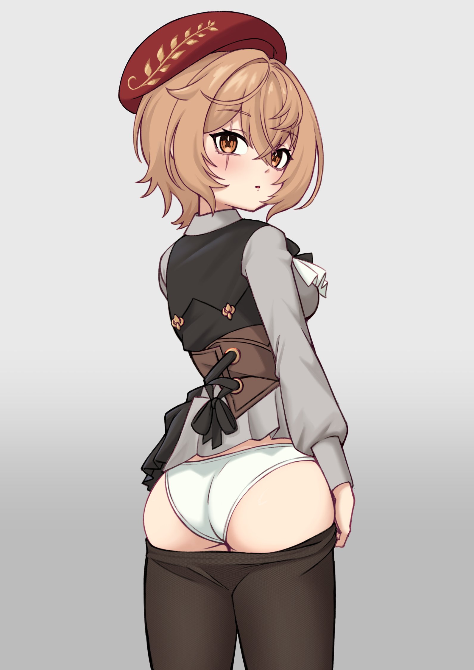 ragerkgk, clio aite, phase connect, highres, 1girl, ass, beret, blush, brown eyes, brown hair, hat, looking back, orange eyes, panties, pantyhose, pulling own clothes, scar, scar across eye, scar on face, shirt, short hair, underwear, vest