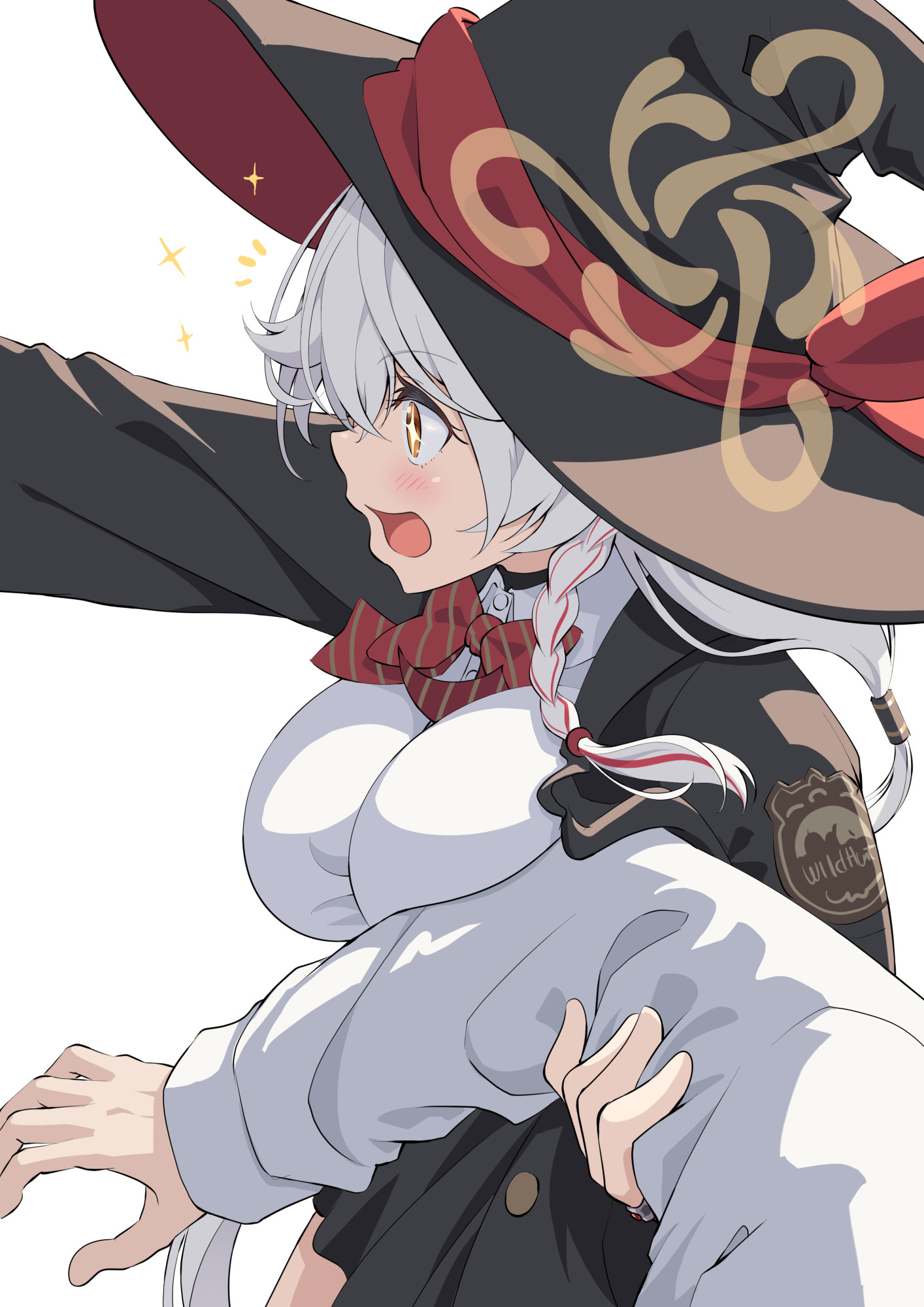 pinakes, eri (blue archive), sensei (blue archive), blue archive, commentary, highres, 1boy, 1girl, black hat, black jacket, black skirt, blush, bow, bowtie, braid, breast press, breasts, crossed bangs, diagonal-striped bow, diagonal-striped bowtie, diagonal-striped clothes, grabbing another's arm, hair between eyes, halo, hat, hat ribbon, jacket, large breasts, long hair, long sleeves, multicolored hair, notice lines, open clothes, open jacket, open mouth, outstretched arm, red bow, red bowtie, red ribbon, red streaks, ribbon, shirt, side halo, simple background, single braid, skirt, sparkle, sparkling eyes, standing, streaked hair, striped bow, striped bowtie, striped clothes, thighs, very long hair, white background, white hair, white shirt, wild hunt academy of arts logo, witch, witch hat, yellow eyes, yellow halo