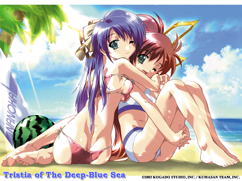 komatsu eiji, fawly, fawly (aoi umi no tristia), nanoca flanka, aoi umi no tristia, duplicate, 00s, 2girls, ass, barefoot, beach, bikini, breast press, breasts, butt crack, cloud, day, feet, food, foury, fruit, green eyes, holding, hug, hugging own legs, medium breasts, multiple girls, ocean, one eye closed, outdoors, palm tree, side-tie bikini bottom, sitting, sports bikini, string bikini, swimsuit, tree, water, watermelon, yokozuwari, yuri