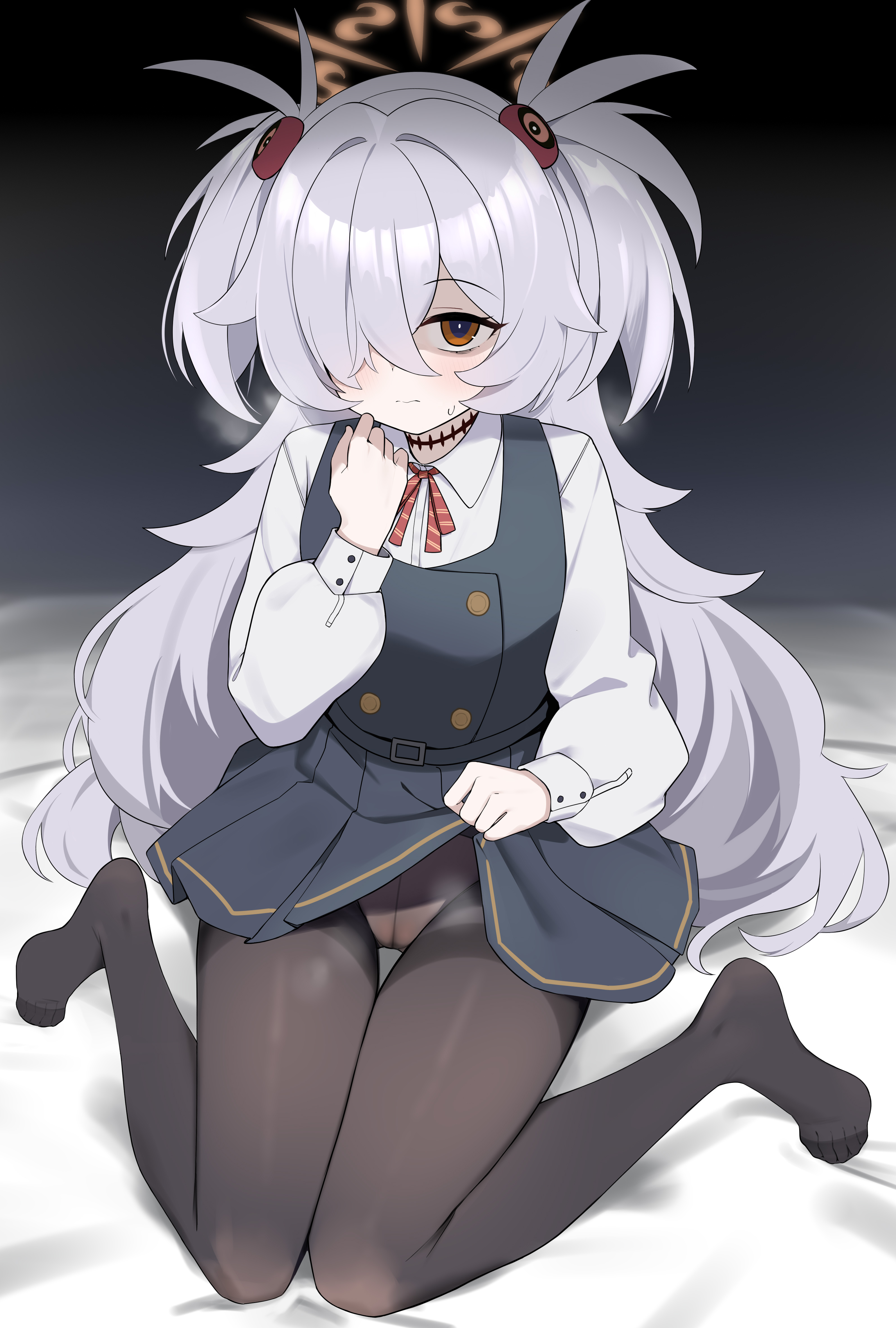 fengqun, kanoe (blue archive), blue archive, absurdres, highres, 1girl, black dress, black pantyhose, breath, clothes lift, collared shirt, crotch seam, dress, grey hair, hair over one eye, lifting own clothes, long hair, neck ribbon, orange eyes, panties, panties under pantyhose, pantyhose, red ribbon, ribbon, scar, scar on neck, shirt, skirt, skirt lift, solo, sweatdrop, two side up, underwear, white shirt
