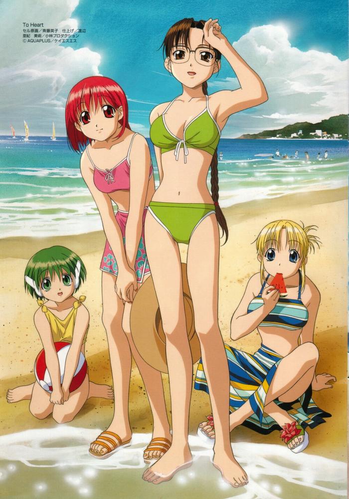 saitou eiko, hoshina tomoko, kamigishi akari, miyauchi lemmy, multi, to heart, highres, scan, 4girls, ball, barefoot, beach, bikini, blonde hair, blue eyes, braid, brown eyes, brown hair, cloud, eating, feet, food, fruit, glasses, green eyes, green hair, hat, long hair, multiple girls, nail polish, ocean, red eyes, red hair, sandals, short hair, single braid, sky, swimsuit, watermelon