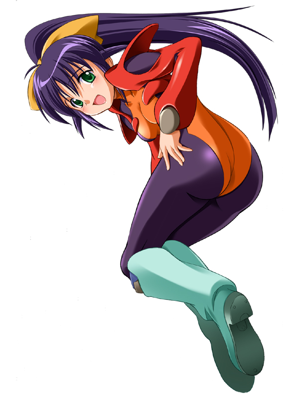 andou mahoro, mahoromatic, 1girl, aqua boots, ass, black bodysuit, bodysuit, boots, female focus, green boots, green eyes, pantyhose, ponytail, purple hair, skin tight, solo, spandex