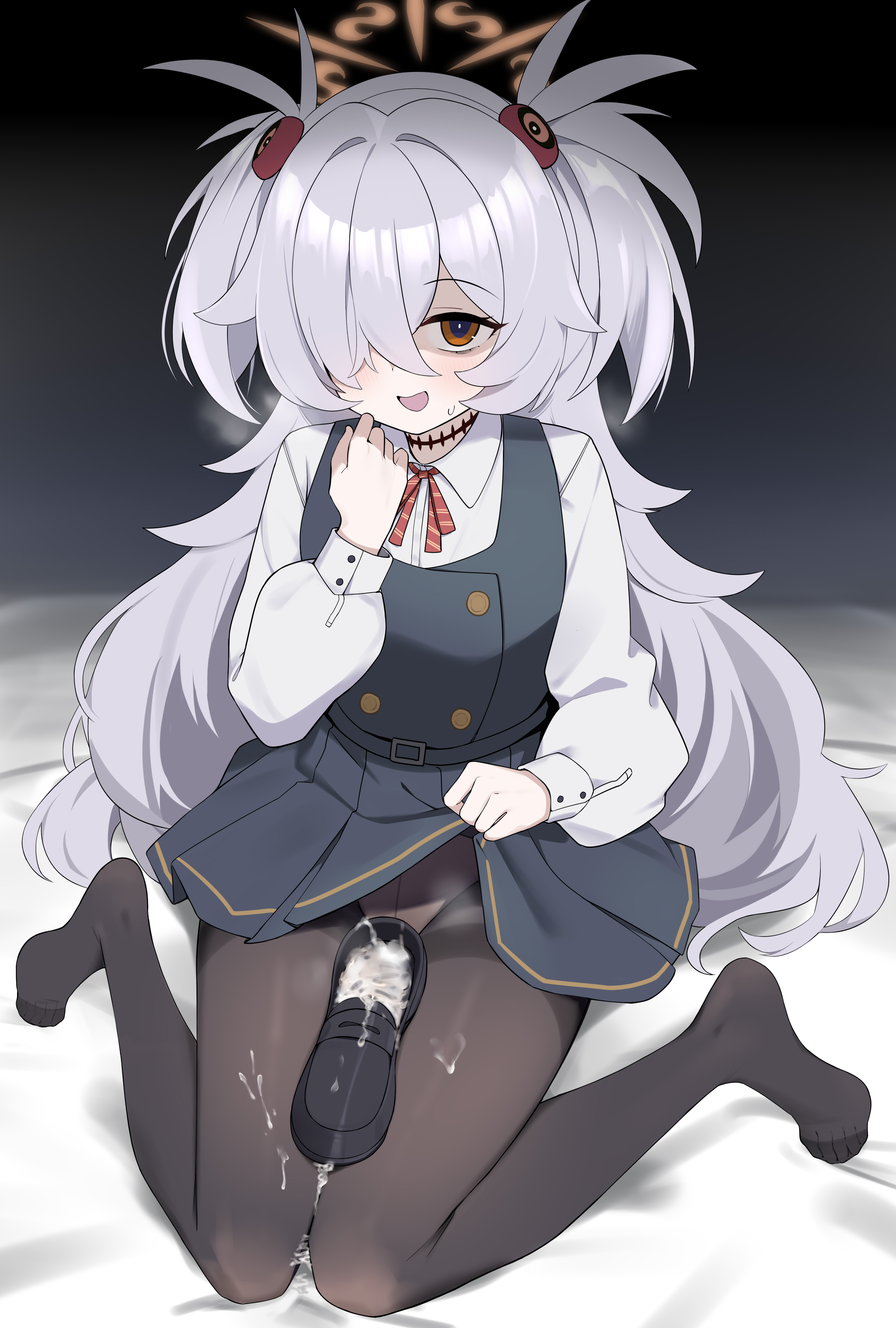 fengqun, kanoe (blue archive), blue archive, absurdres, highres, 1girl, :d, black dress, black pantyhose, black shoes, breath, clothes lift, collared shirt, crotch seam, cum, cum in footwear, cum on body, cum on legs, dress, grey hair, hair over one eye, lifting own clothes, long hair, neck ribbon, open mouth, orange eyes, panties, panties under pantyhose, pantyhose, red ribbon, ribbon, scar, scar on neck, shirt, shoes, skirt, skirt lift, smile, solo, sweatdrop, two side up, underwear, unworn shoes, white shirt