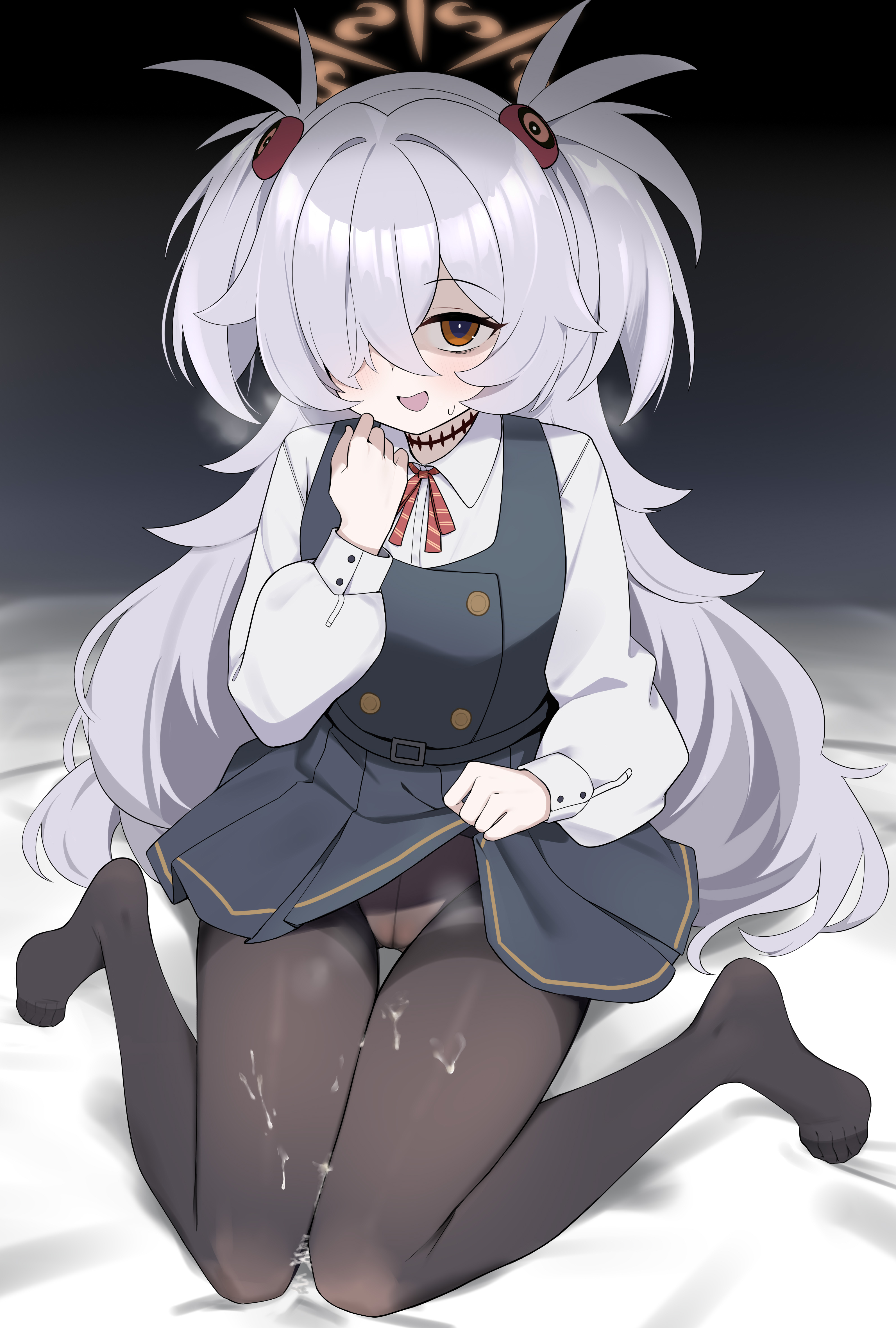 fengqun, kanoe (blue archive), blue archive, absurdres, highres, 1girl, :d, black dress, black pantyhose, breath, clothes lift, collared shirt, crotch seam, cum, cum on body, cum on legs, dress, grey hair, hair over one eye, lifting own clothes, long hair, neck ribbon, open mouth, orange eyes, panties, panties under pantyhose, pantyhose, red ribbon, ribbon, scar, scar on neck, shirt, skirt, skirt lift, smile, solo, sweatdrop, two side up, underwear, white shirt