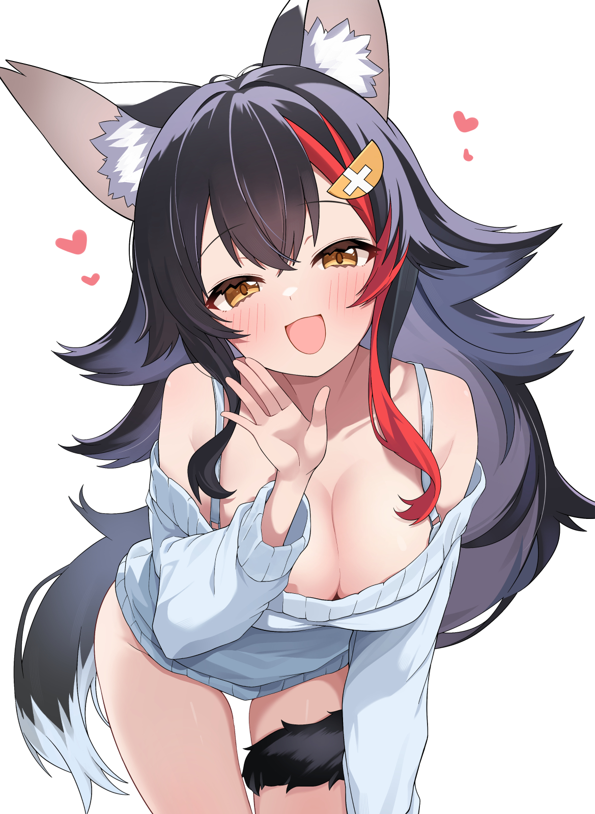 hiroikara (smhong04), ookami mio, hololive, commentary, highres, 1girl, animal ear fluff, animal ears, black hair, blush, bra strap, breasts, cleavage, crossed bangs, hair between eyes, hair ornament, hand up, heart, large breasts, leaning forward, long hair, long sleeves, looking at viewer, off-shoulder sweater, off shoulder, open mouth, simple background, smile, solo, sweater, tail, tail around own leg, thighs, virtual youtuber, white background, white sweater, wolf ears, wolf girl, wolf tail