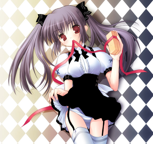 jo (overture), kooh (pangya), pangya, 1girl, blue panties, bow, clothes lift, dress, dress lift, female focus, garter belt, hair bow, panties, ribbon, skirt, skirt lift, solo, striped clothes, striped panties, thighhighs, twintails, underwear, waitress, white thighhighs