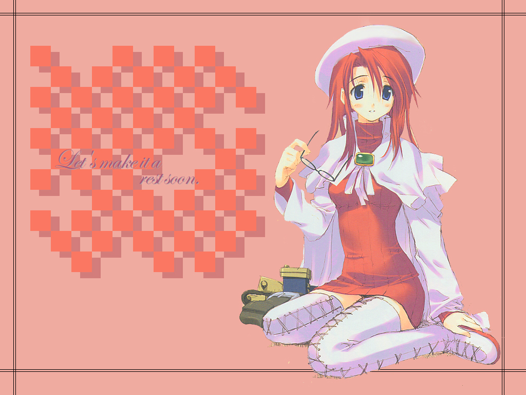 kuroboshi kouhaku, aty, aty (summon night), summon night, summon night 3, 1girl, beret, blue eyes, blush, boots, brooch, cape, dress, english text, engrish text, female focus, glasses, hat, holding, holding removed eyewear, jewelry, long hair, miniskirt, ranguage, red hair, sitting, skirt, smile, solo, thigh boots, thighhighs, turtleneck, unworn eyewear, white boots, white thighhighs