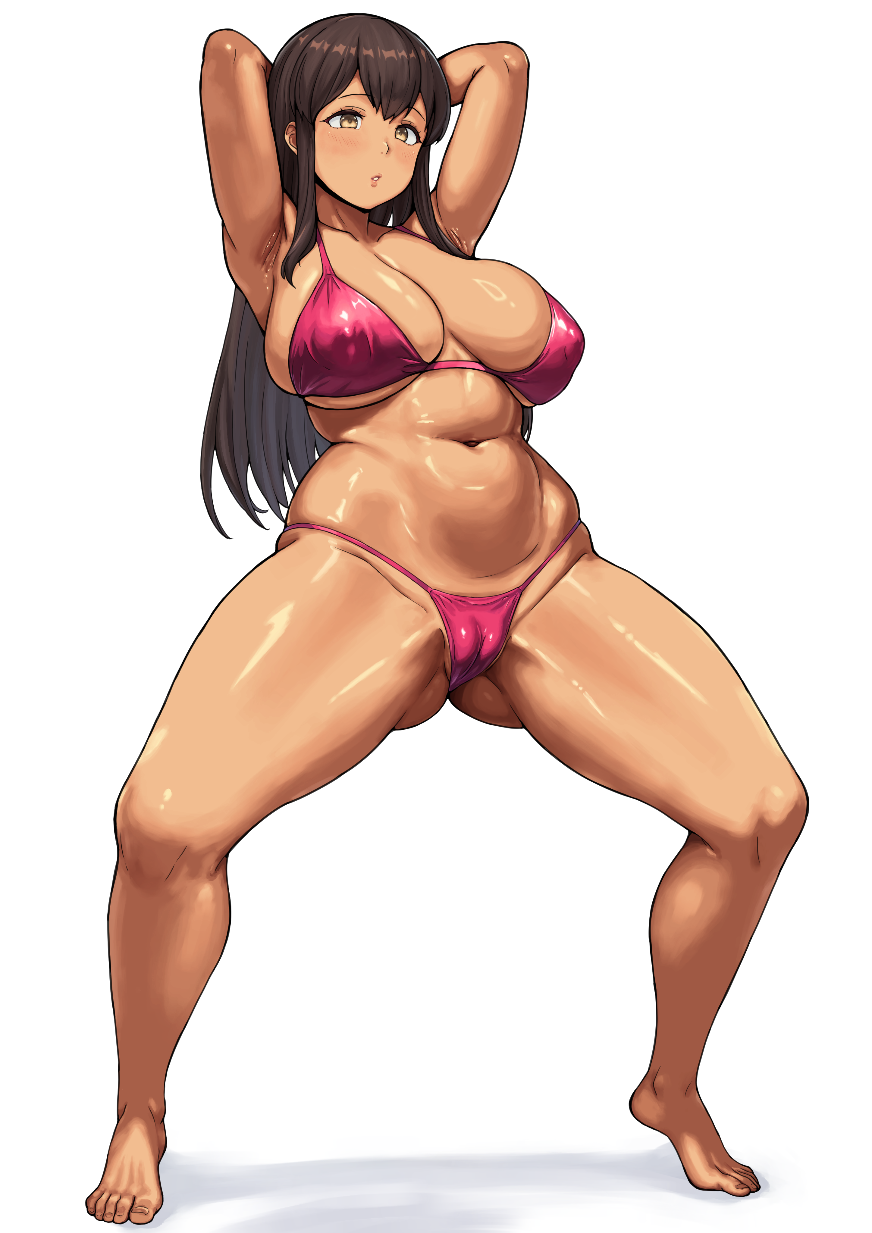 rakutosu, akagi (kancolle), kantai collection, absurdres, highres, 1girl, armpits, arms behind head, bikini, breasts, brown hair, cameltoe, cleavage, feet, full body, gluteal fold, large breasts, long hair, navel, no shoes, open mouth, red bikini, simple background, solo, spread legs, standing, swimsuit, tan, toes, white background, wide hips, yellow eyes